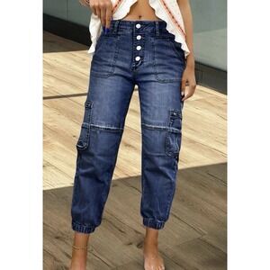 Flamingals High Rise Waist Cargo Jeans Sz L Jogger Button Fly Y2k 90s 253189 HB